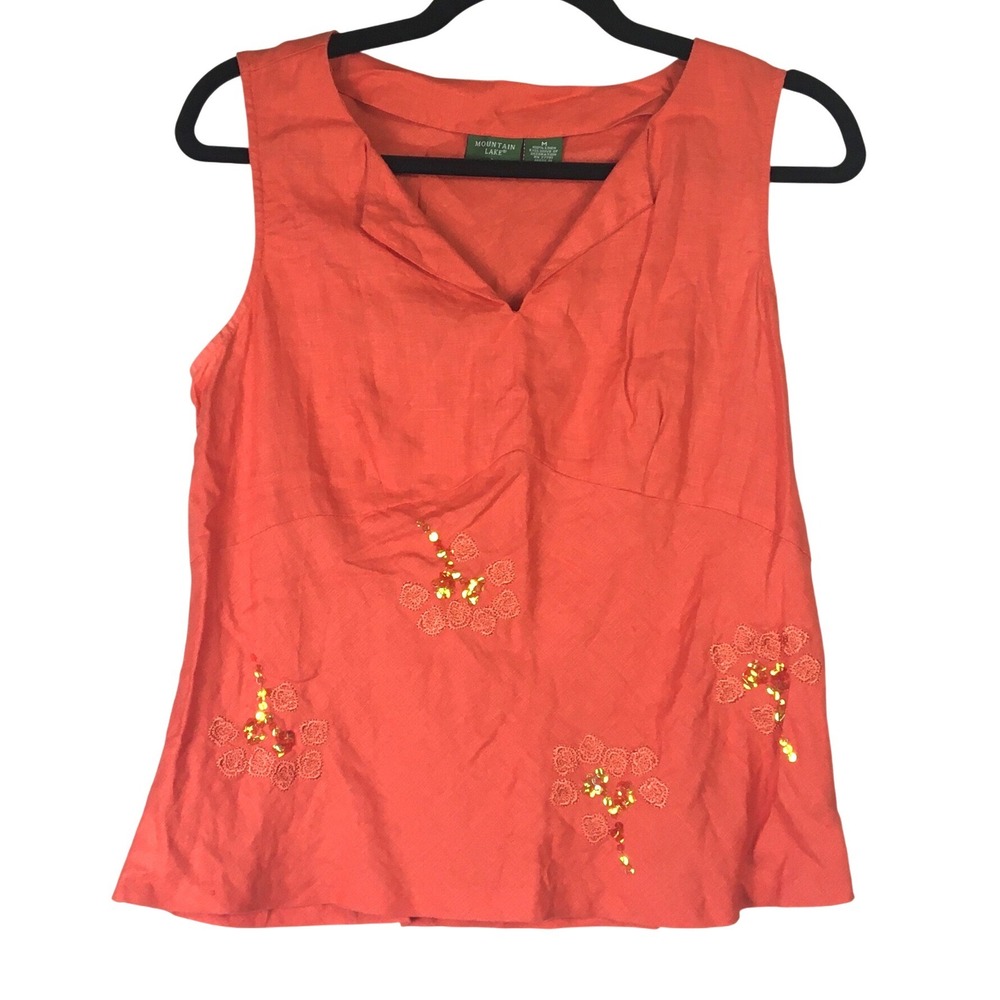 Mountain Lake Embroidered Sequin Linen Tank Top Size M Orange